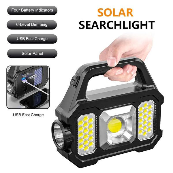 6 Gears Searchlight Waterproof Rechargeable Flashlight COB/LED Portable Powerful Lantern Solar Torch Light for Outdoor Camping